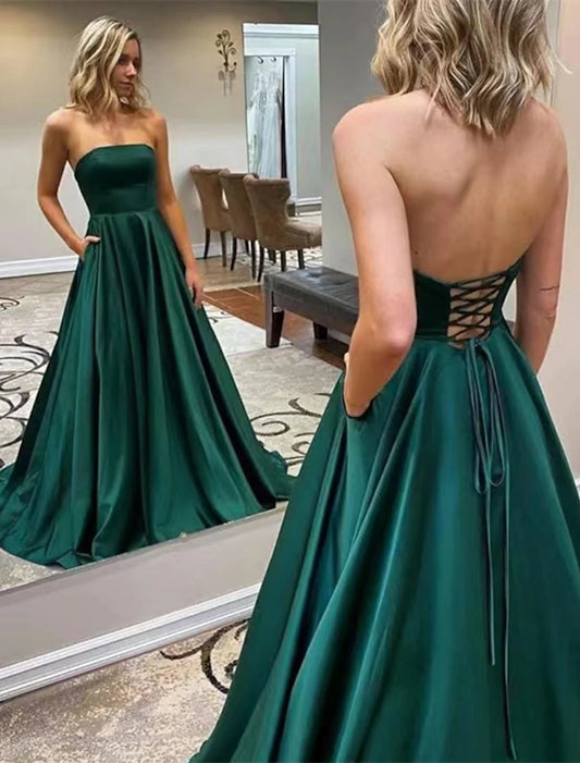 A-Line Prom Dresses Maxi Dress Formal Wedding Guest Floor Length Sleeveless Strapless Jersey Backless