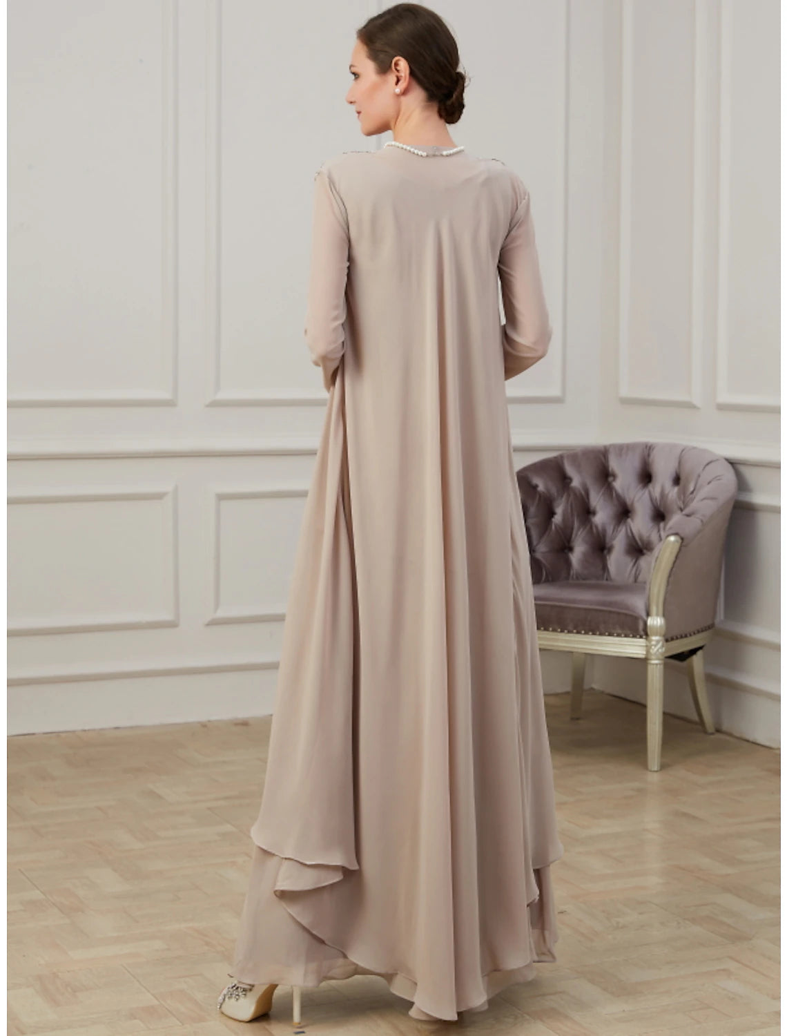 A-Line Mother of the Bride Dress Wedding Guest Elegant Jewel Neck Floor Length Chiffon Long Sleeve Jacket Dresses with Appliques