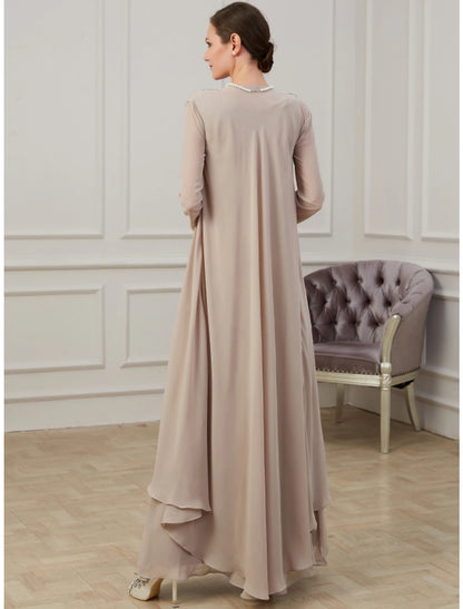 A-Line Mother of the Bride Dress Wedding Guest Elegant Jewel Neck Floor Length Chiffon Long Sleeve Jacket Dresses with Appliques