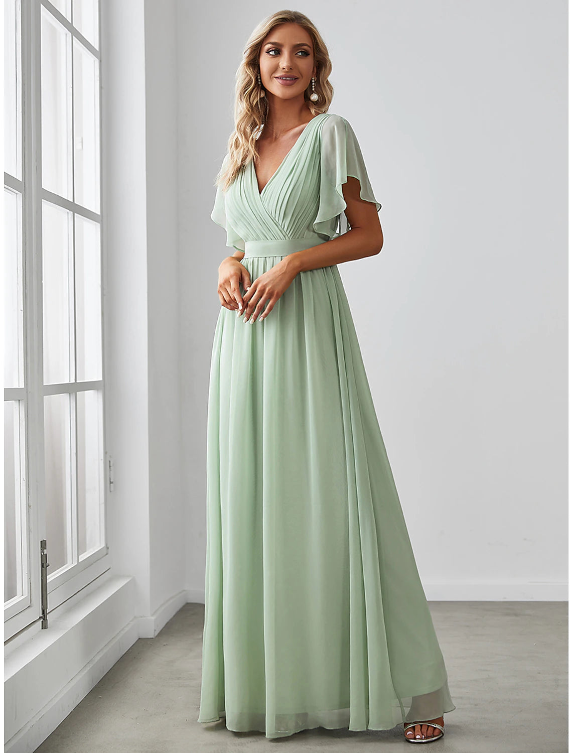 A-Line Bridesmaid Dress V Neck Short Sleeve Elegant Stretch Chiffon with Ruffles