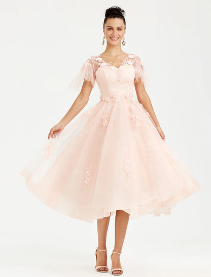 A-Line Prom Dresses Elegant Dress Wedding Guest Cocktail Party Tea Length Short Sleeve V Neck Tulle with Appliques