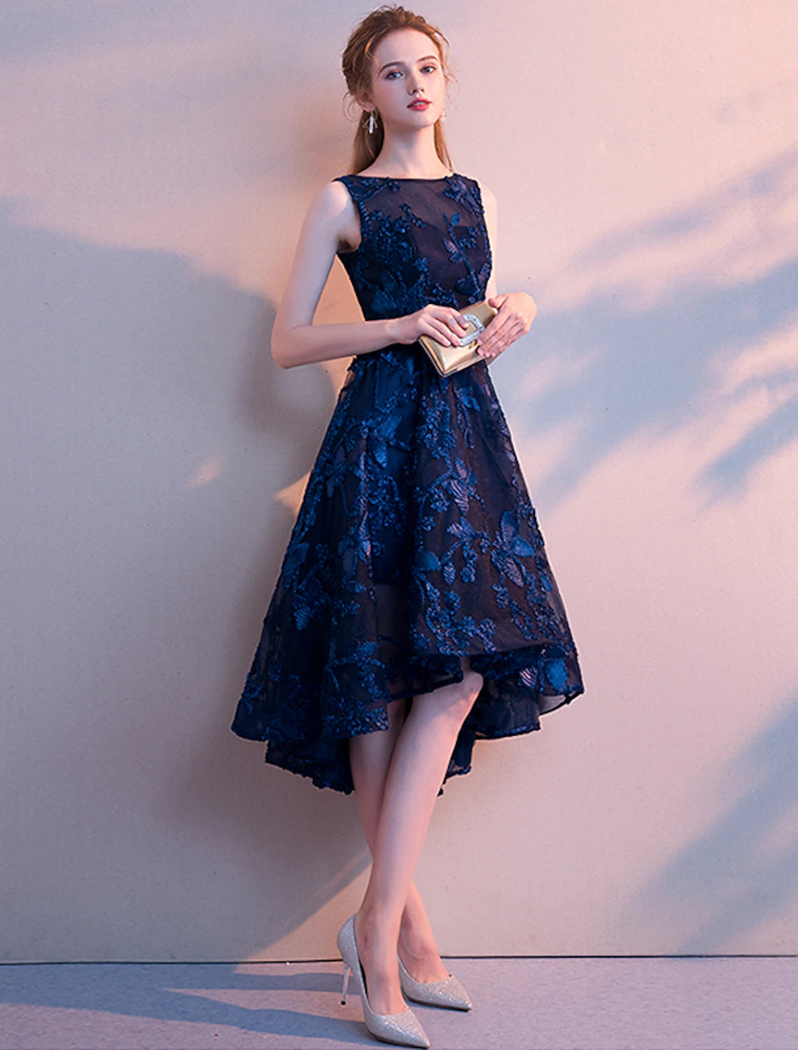 A-Line Cocktail Dresses Minimalist Dress Homecoming Party Wear Asymmetrical Sleeveless Jewel Neck Tulle with Pleats Pattern / Print