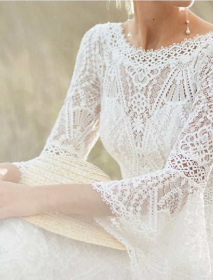 Beach Boho Wedding Dresses A-Line Scoop Neck Long Sleeve Sweep / Brush Train Lace Bridal Gowns With Lace Solid