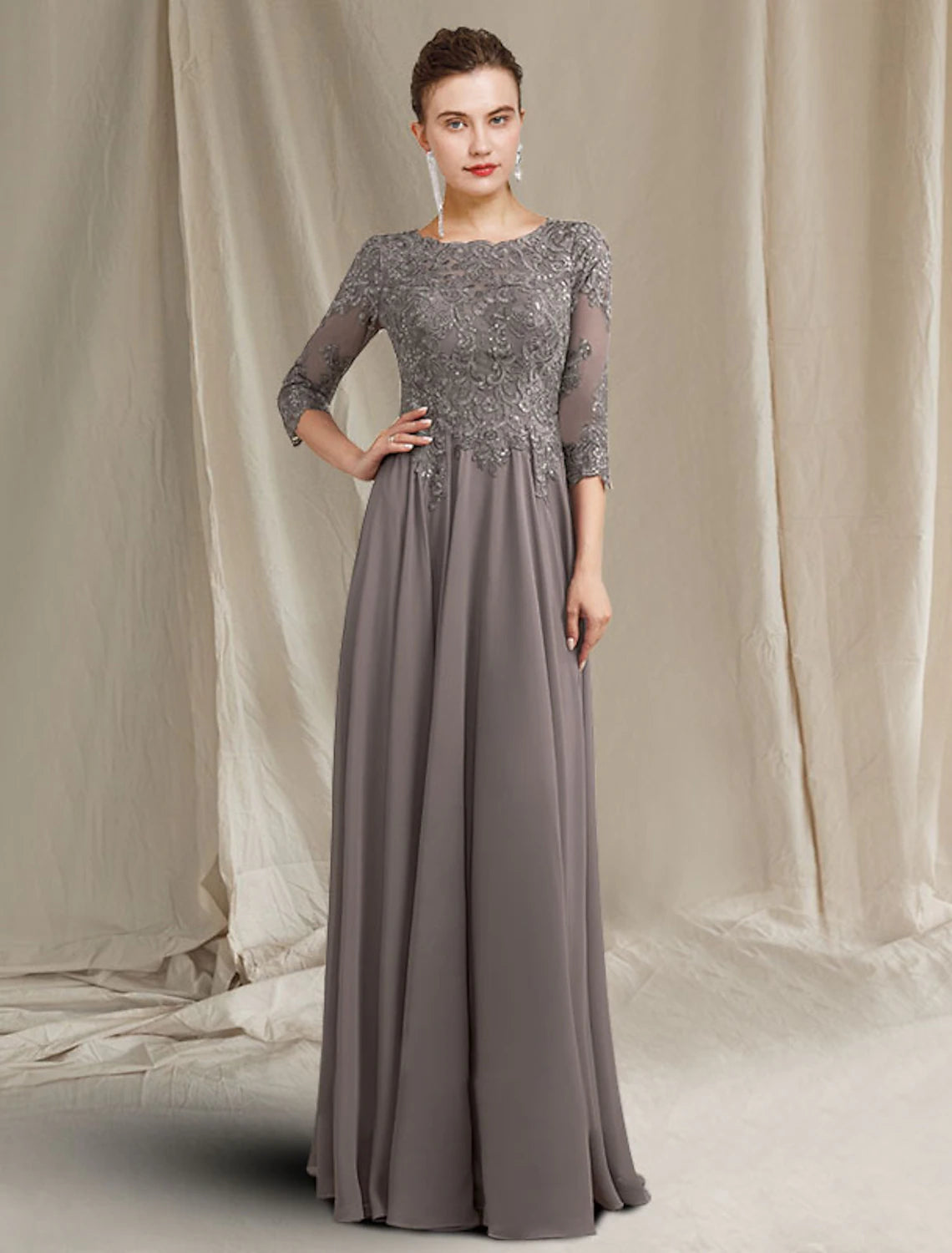 Sheath / Column Mother of the Bride Dress Plus Size Elegant Jewel Neck Floor Length Chiffon Lace 3/4 Length Sleeve with Pleats Appliques