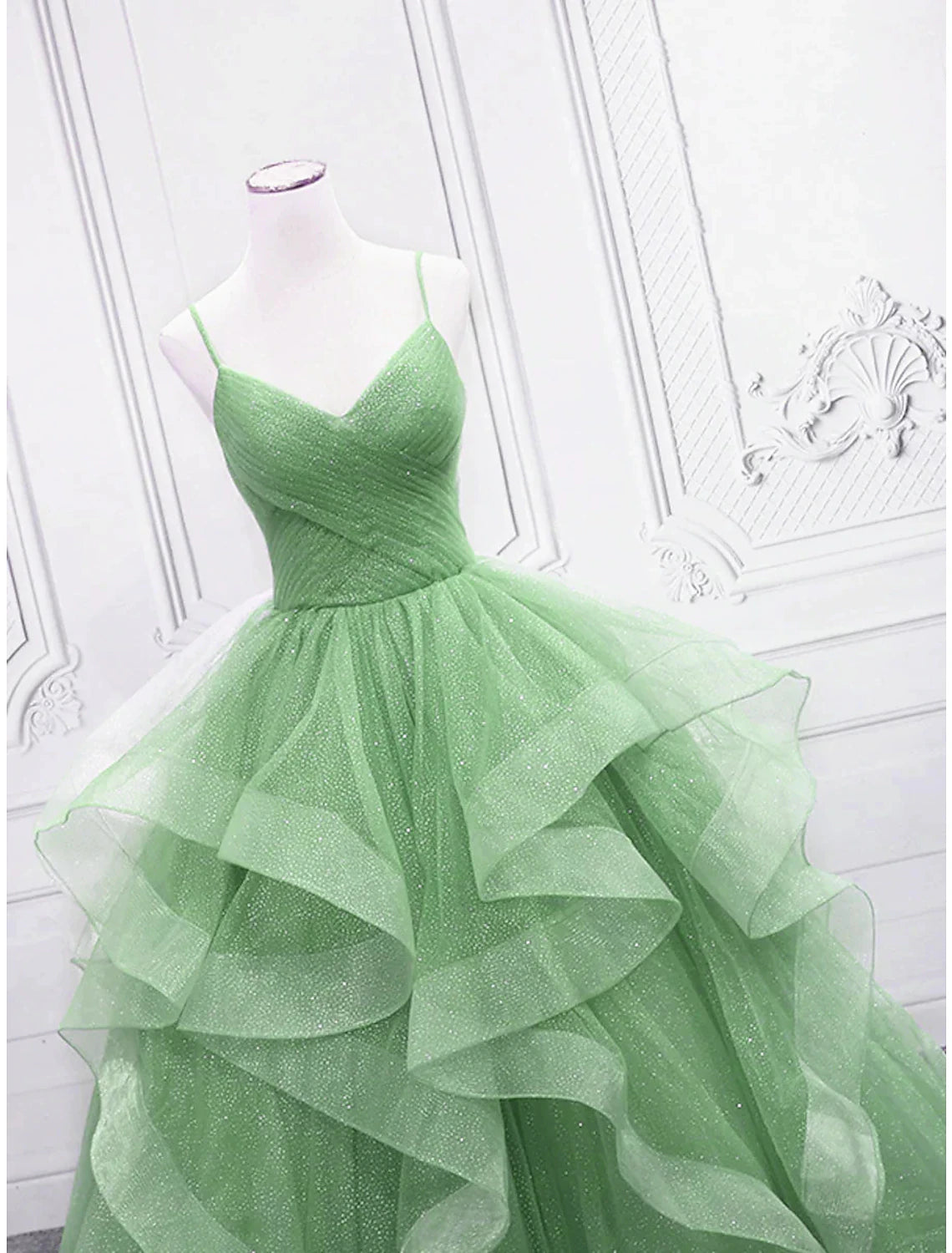 Ball Gown Prom Dresses Glittering Dress Formal Prom Floor Length Sleeveless V Neck Tulle with Glitter Ruffles