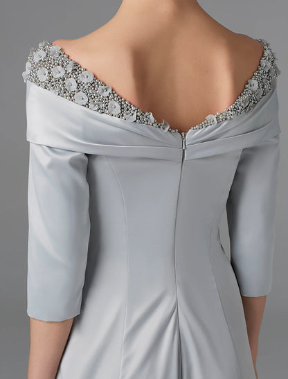 A-Line Mother of the Bride Dress Sparkle & Shine High Low Off Shoulder Asymmetrical Satin Half-Sleeve with Lace Crystals