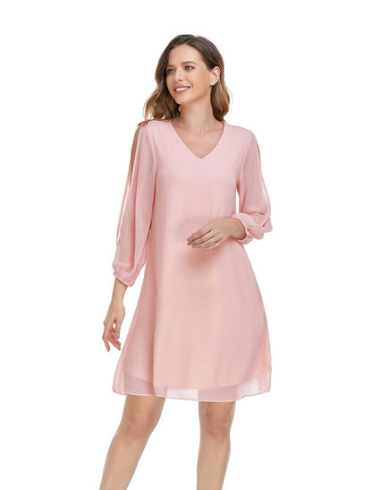 A-Line Empire Homecoming Cocktail Party Dress V Neck 3/4 Length Sleeve Short / Mini Chiffon with Slit