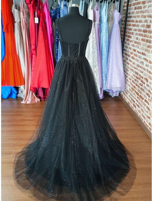 A-Line Prom Dresses Glitter Black Dress Wedding Dresses Formal Gothic Dress Floor Length Sleeveless Sweetheart Spaghetti Tulle