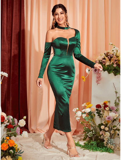 Mermaid / Trumpet Party Dresses Sexy Dress Wedding Party Semi Formal Tea Length Long Sleeve One Shoulder Stretch Satin with Ruched Slit