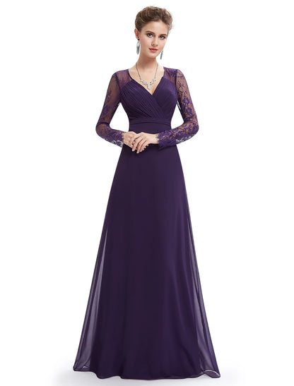 A-Line Evening Gown Elegant Dress Wedding Guest Formal Evening Floor Length Long Sleeve V Neck Chiffon with Sash / Ribbon Ruched Lace