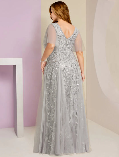 Mother of the Bride Dresses Plus Size Curve Hide Belly Party Sparkle & Shine V Neck Floor Length Lace Tulle Short Sleeve with Pleats Sequin