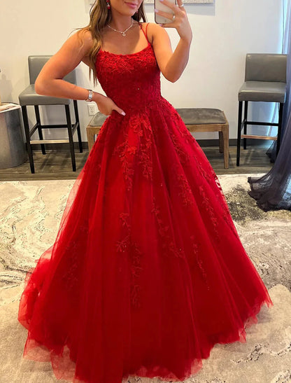 A-Line Prom Dresses Backless Dress Wedding Guest Evening Party Floor Length Sleeveless Spaghetti Strap Royal Style Tulle Backless with Crystals Appliques