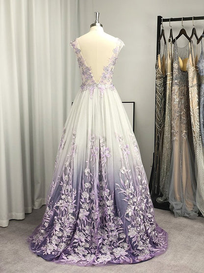 A-Line/Princess V-neck Tulle Applique Sleeveless Floor-Length Dresses