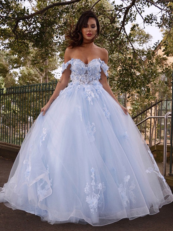 Ball Gown Tulle Applique Off-the-Shoulder Sleeveless Sweep/Brush Train Dresses