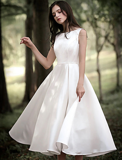 Reception Little White Dresses Wedding Dresses A-Line Scoop Neck Sleeveless Tea Length Satin Bridal Gowns With Solid