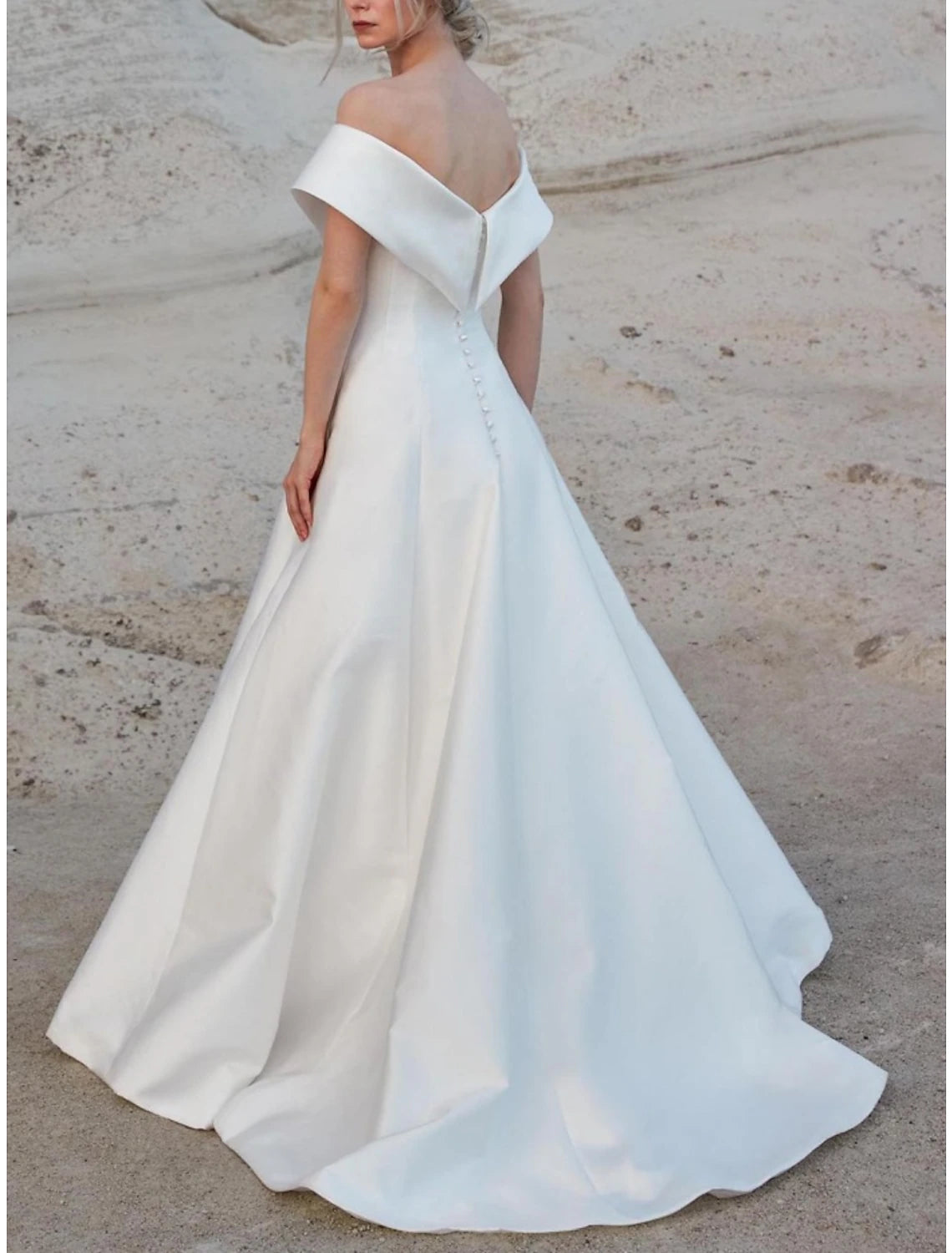 Hall Formal Wedding Dresses A-Line Off Shoulder Short Sleeve Sweep / Brush Train Satin Bridal Gowns With Pleats Solid Color