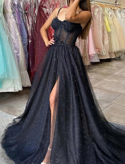 A-Line Prom Dresses Glitter Black Dress Wedding Dresses Formal Gothic Dress Floor Length Sleeveless Sweetheart Spaghetti Tulle