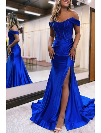 Mermaid / Trumpet Evening Gown Empire Dress Formal Prom Court Train Sleeveless Off Shoulder Imitation Silk with Slit Appliques