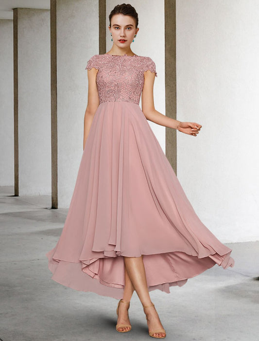 A-Line Mother of the Bride Dress Elegant High Low Jewel Neck Asymmetrical Tea Length Chiffon Lace Cap Sleeve with Appliques Ruching