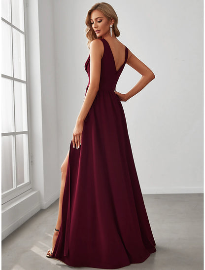 A-Line Prom Party Dress High Split Dress Wedding Guest Formal Evening Floor Length Sleeveless V Neck Bridesmaid Dress Chiffon V Back with Slit