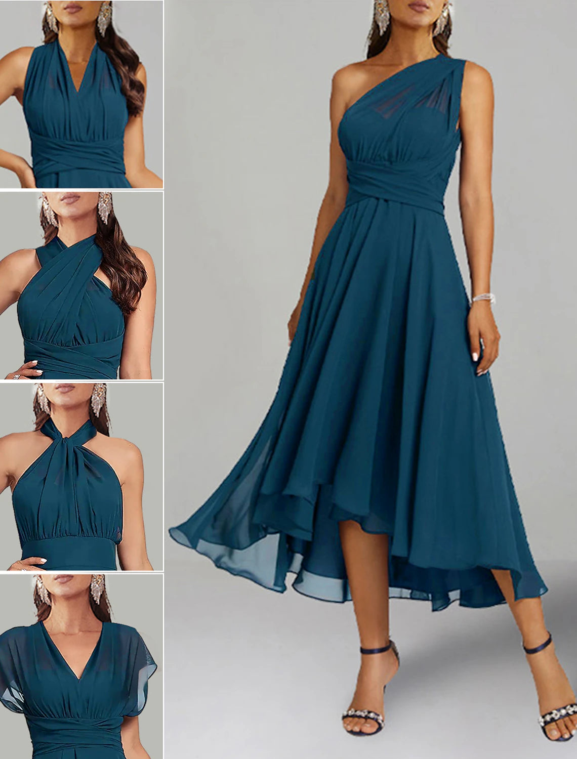 A-Line Blue Wedding Guest Dresses Convertible Infinity Mother Dress Formal Tea Length Sleeveless One Shoulder Chiffon with Ruched