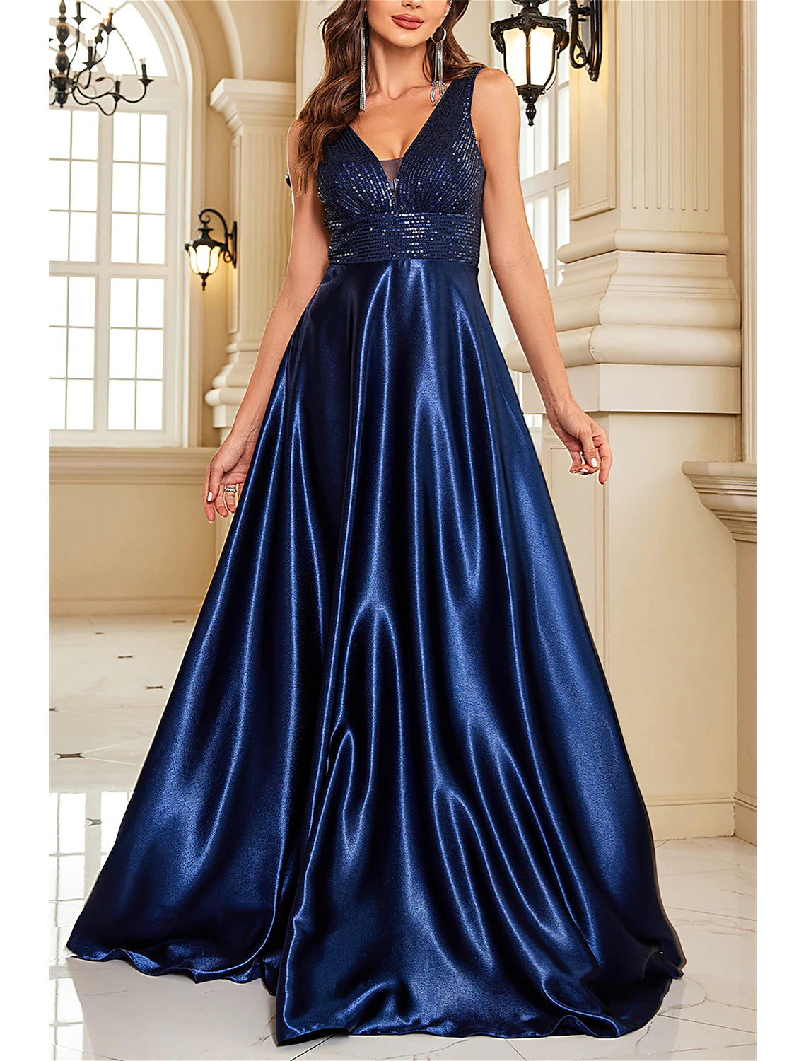 A-Line Mother of the Bride Dress Wedding Guest Elegant Party Sparkle & Shine V Neck Floor Length Satin Sequined Sleeveless with Sequin Color Block