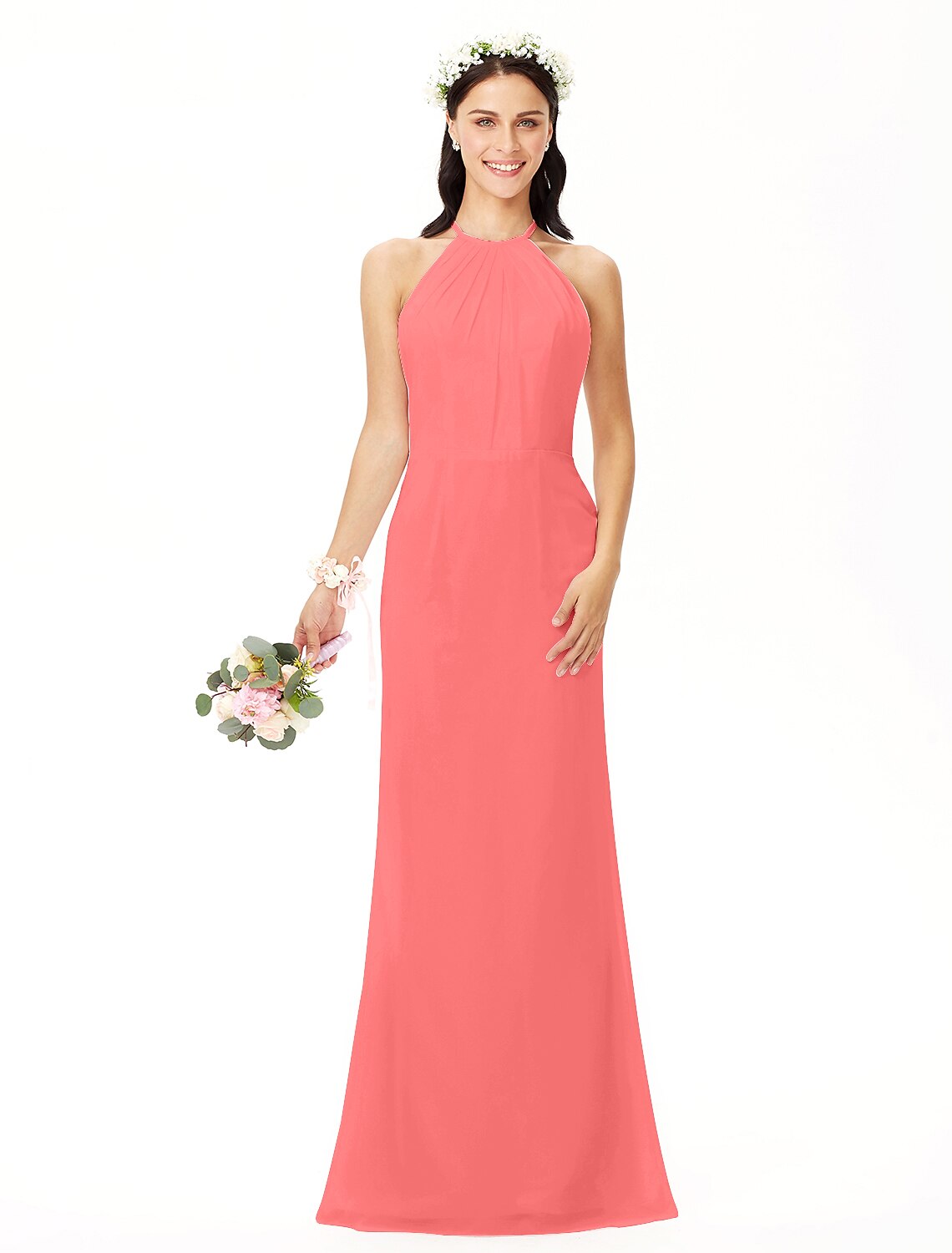 Sheath / Column Bridesmaid Dress Jewel Neck Sleeveless Elegant Floor Length Chiffon with Pleats