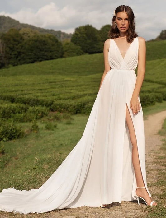 Reception Sexy Casual Wedding Dresses A-Line V Neck Sleeveless Court Train Chiffon Bridal Gowns With Split Front Solid