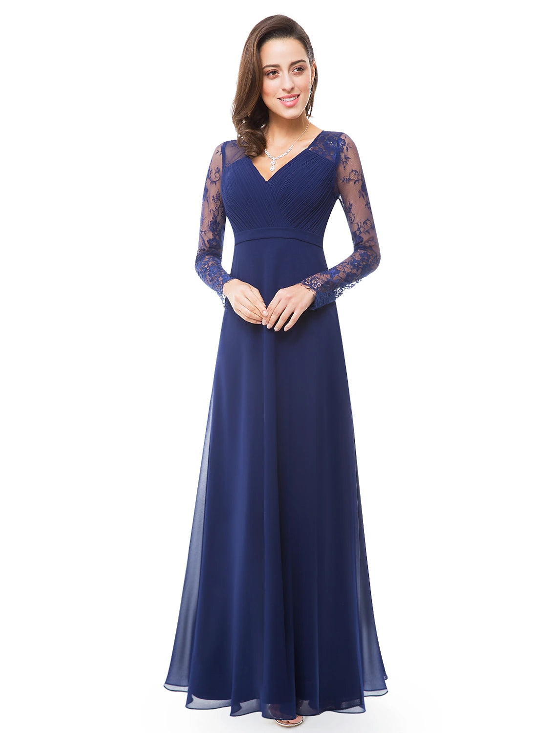 A-Line Evening Gown Elegant Dress Wedding Guest Formal Evening Floor Length Long Sleeve V Neck Chiffon with Sash / Ribbon Ruched Lace