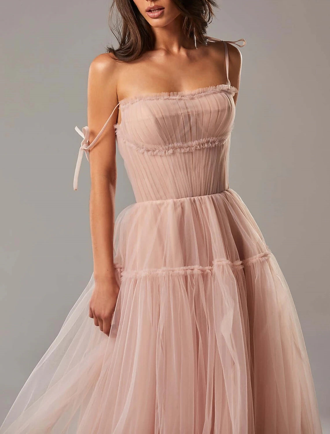 A-Line Prom Party Dress Elegant Dress Wedding Guest Prom Floor Length Sleeveless Spaghetti Strap Tulle with Pleats Ruffles