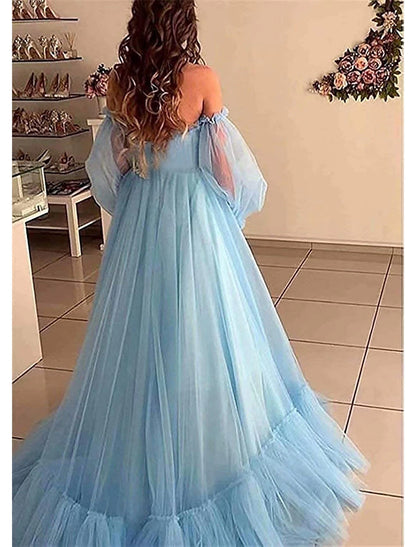 A-Line Minimalist Elegant Engagement Prom Dress Off Shoulder Long Sleeve Floor Length Tulle with Pleats Appliques