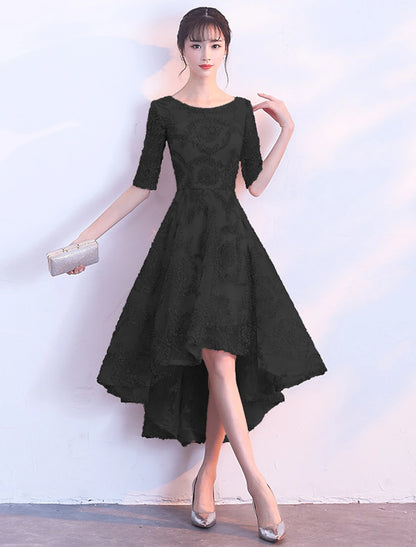 A-Line Elegant Vintage Cocktail Party Formal Evening Dress Illusion Neck Half Sleeve Asymmetrical Lace with Pleats Appliques