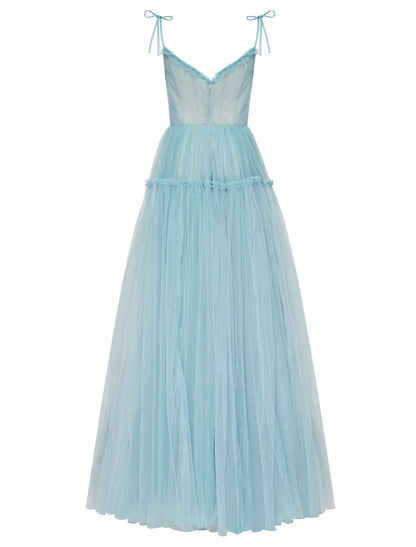 A-Line Prom Party Dress Elegant Dress Wedding Guest Prom Floor Length Sleeveless Spaghetti Strap Tulle with Pleats Ruffles