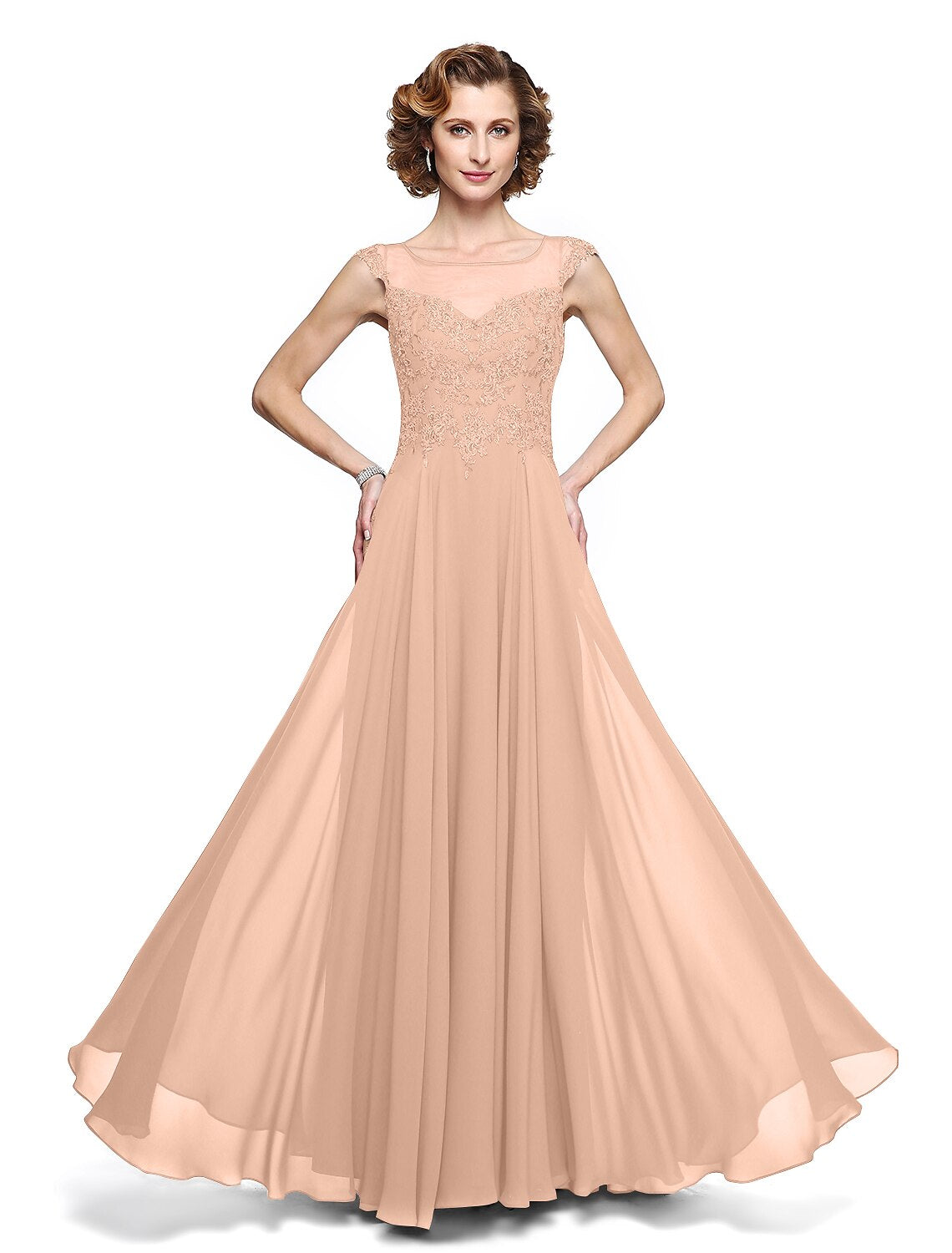 A-Line Mother of the Bride Dress Elegant Jewel Neck Ankle Length Chiffon Lace Sleeveless with Appliques