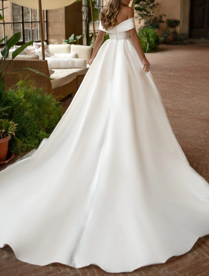 Engagement Formal Wedding Dresses Ball Gown Off Shoulder Cap Sleeve Court Train Satin Bridal Gowns With Ruched