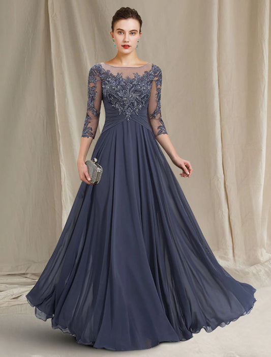 A-Line Mother of the Bride Dress Elegant Jewel Neck Floor Length Chiffon Lace 3/4 Length Sleeve with Pleats Appliques