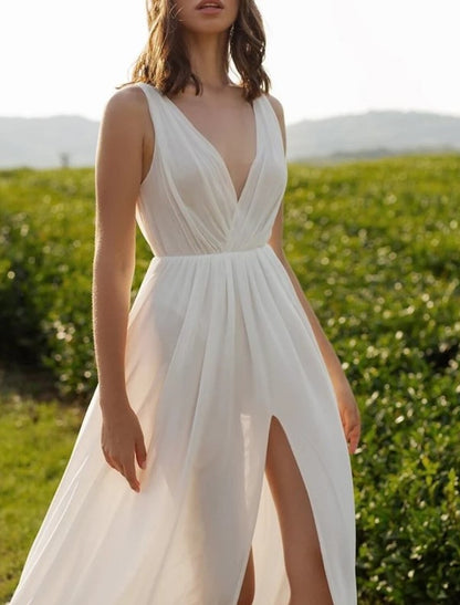 Reception Sexy Casual Wedding Dresses A-Line V Neck Sleeveless Court Train Chiffon Bridal Gowns With Split Front Solid