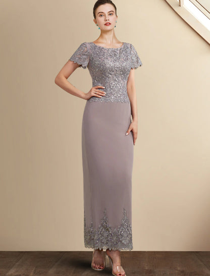 Sheath / Column Mother of the Bride Dress Elegant Jewel Neck Ankle Length Chiffon Lace Short Sleeve with Appliques