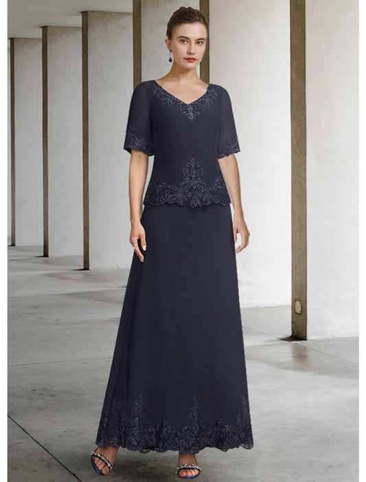 A-Line Mother of the Bride Dress Elegant V Neck Ankle Length Chiffon Lace Short Sleeve with Appliques