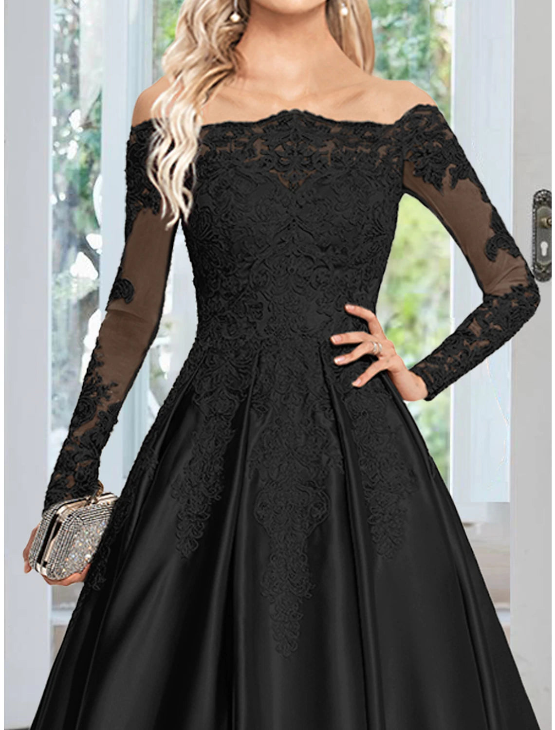 A-Line Evening Gown Floral Dress Formal Wedding Guest Court Train Long Sleeve Off Shoulder Satin with Appliques