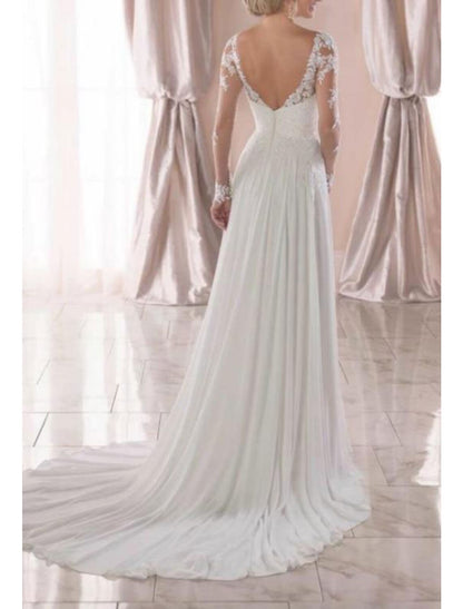 Beach Wedding Dresses A-Line V Neck Long Sleeve Court Train Chiffon Bridal Gowns With Lace Insert