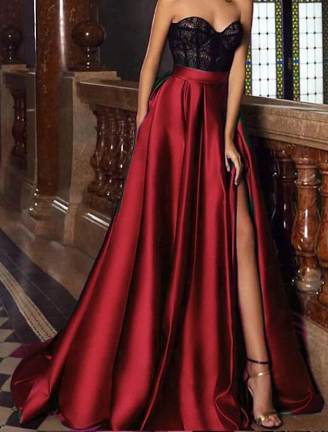 A-Line Evening Gown Vintage Dress Christmas Engagement Court Train Sleeveless Sweetheart Pocket Satin with Slit Embroidery Pocket