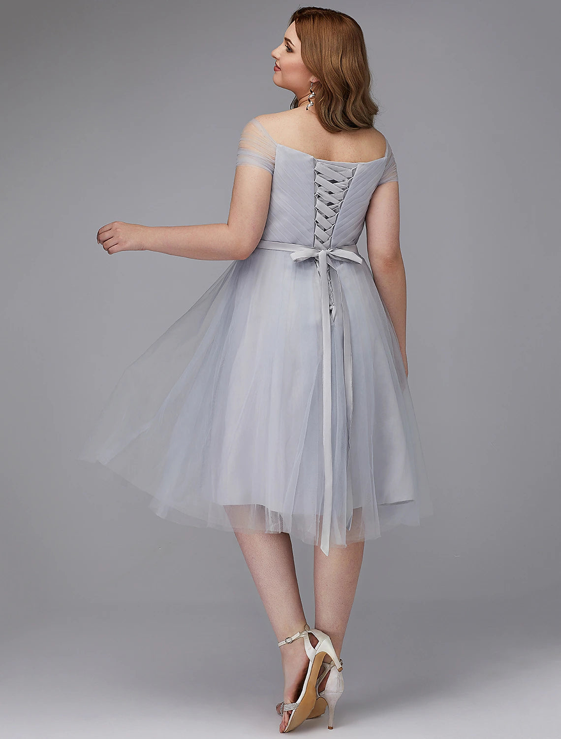 A-Line Elegant Dress Wedding Guest Cocktail Party Tea Length Short Sleeve Off Shoulder Tulle with Sash / Ribbon Criss Cross