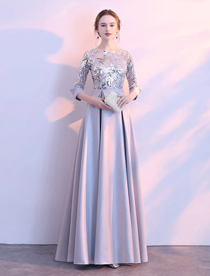 A-Line Bridesmaid Dress Jewel Neck Long Sleeve Beautiful Back Floor Length Satin / Tulle / Sequined with Sash / Ribbon / Pleats