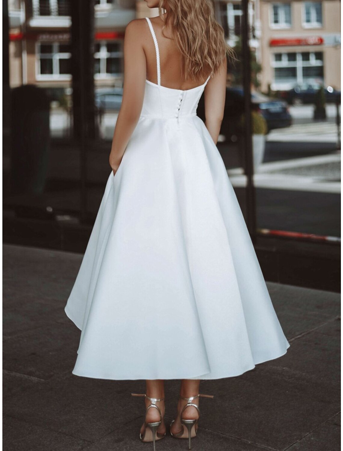 Reception Little White Dresses Wedding Dresses A-Line Sweetheart Camisole Spaghetti Strap Tea Length Satin Bridal Gowns With Solid Color