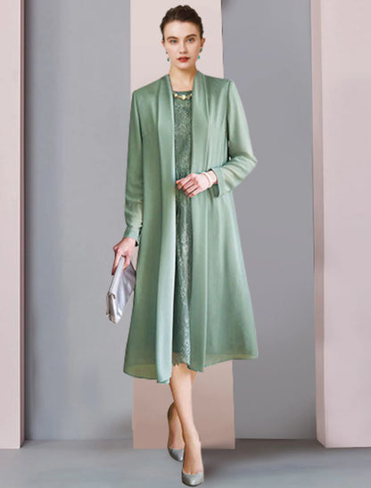 Two Piece Sheath / Column Mother of the Bride Dress Formal Wedding Guest Party Elegant Scoop Neck Tea Length Chiffon Lace 3/4 Length Sleeve Jacket Dresses with Solid