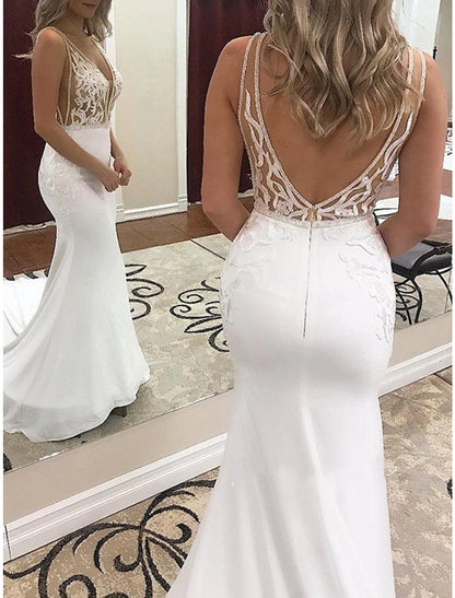 Beach Wedding Dresses Mermaid / Trumpet V Neck Sleeveless Sweep / Brush Train Lace Bridal Gowns With Crystals Appliques