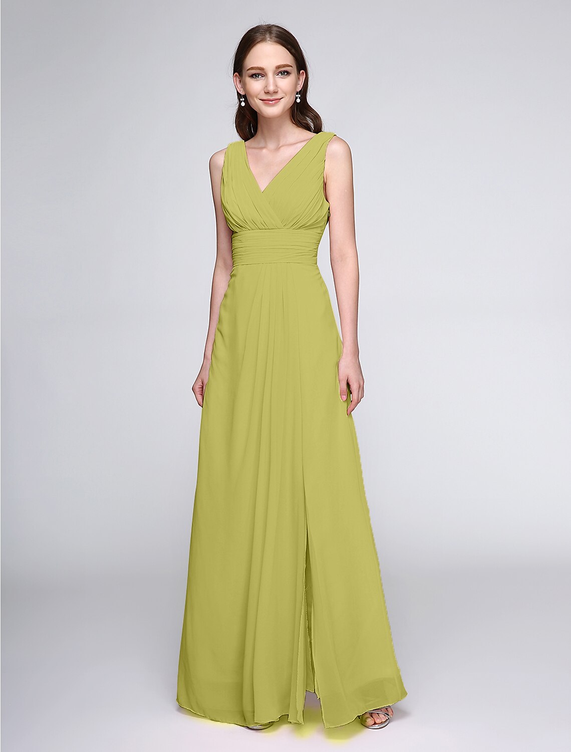 Sheath / Column Bridesmaid Dress V Neck Sleeveless Elegant Floor Length Chiffon with Criss Cross / Ruched