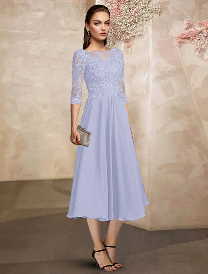 A-Line Mother of the Bride Dress Plus Size Elegant Jewel Neck Tea Length Chiffon Lace Half Sleeve with Appliques