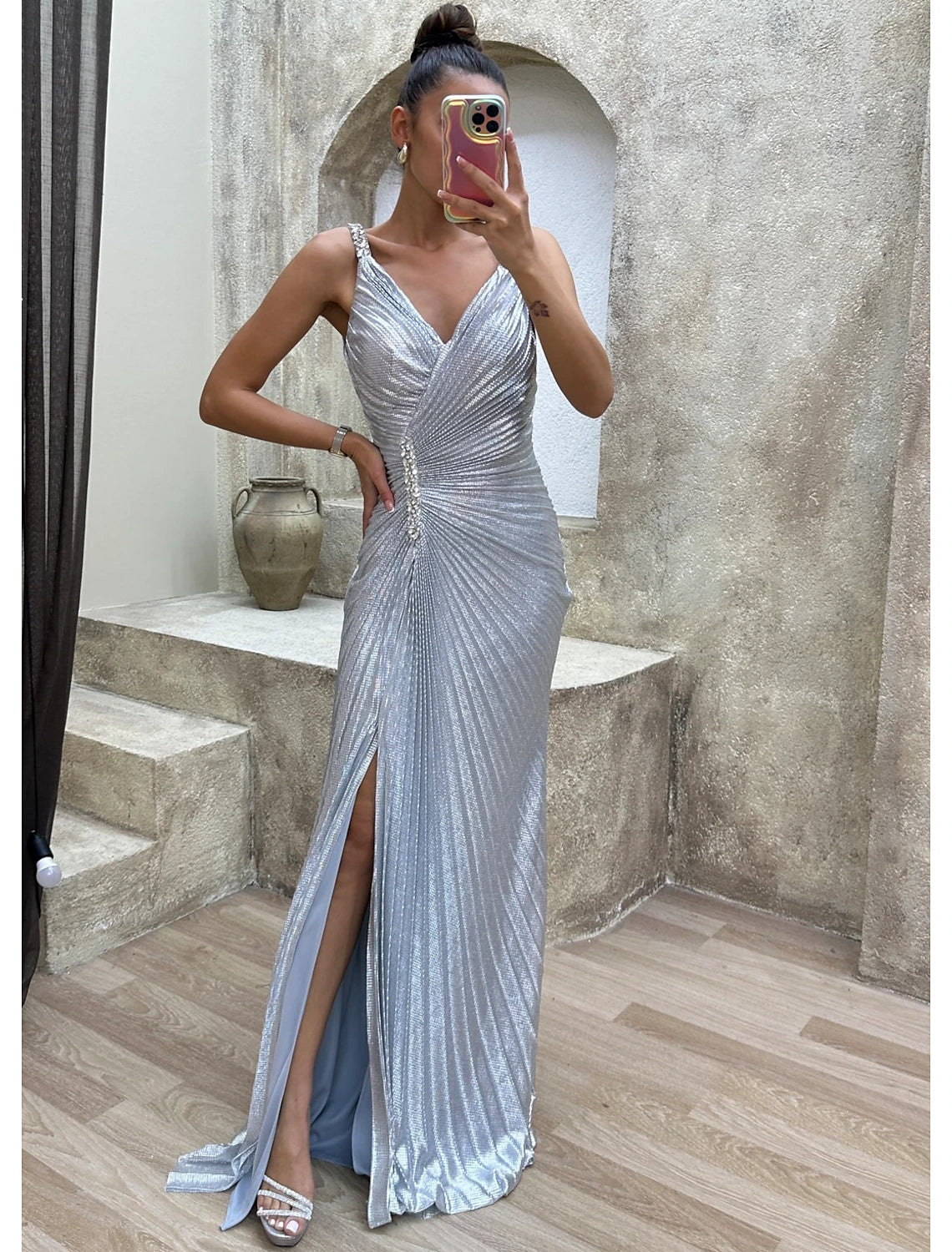 Mermaid / Trumpet Prom Dresses Sparkle Dress Formal Evening Party Sweep / Brush Train Sleeveless V Neck Spandex with Rhinestone Pleats Slit